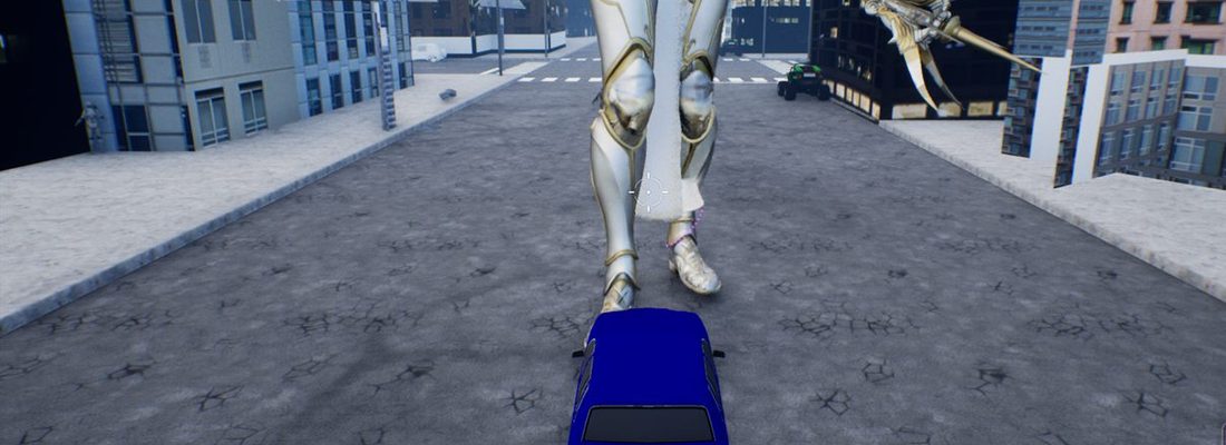 The Archon of the Seine's pale armored legs and staff over a Paris street, a blue buggy at its feet