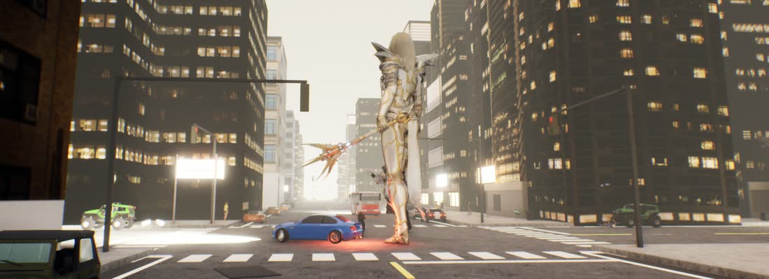 The Archon of the Seine, a white and gold armored figure with a winged staff, standing over a Paris crossing at dusk, a blue car at its feet