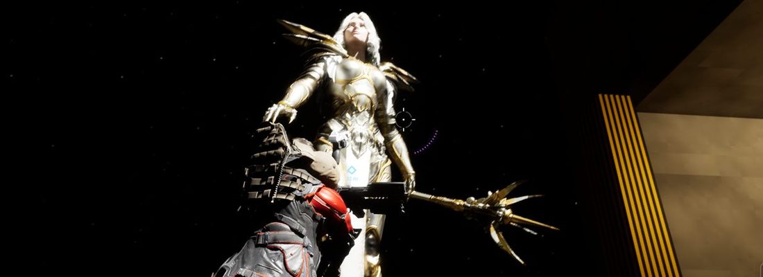 The Ark-Herald, a white and gold winged figure with a trident staff, floating in the black sky over the Moon