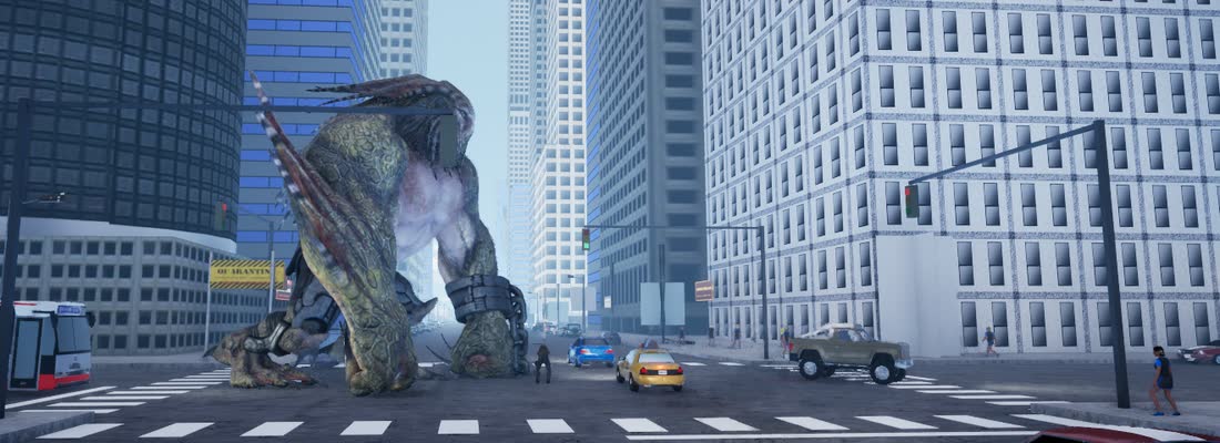 Gridlock, a hunched mutant colossus in chained armor, crouched at a New York crosswalk between the towers, a taxi and a pickup beside it