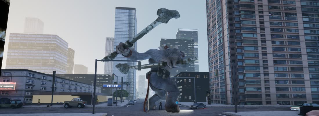 The Hive Mother, a hulking gray colossus swinging two axes, striding through a Los Angeles intersection between the towers