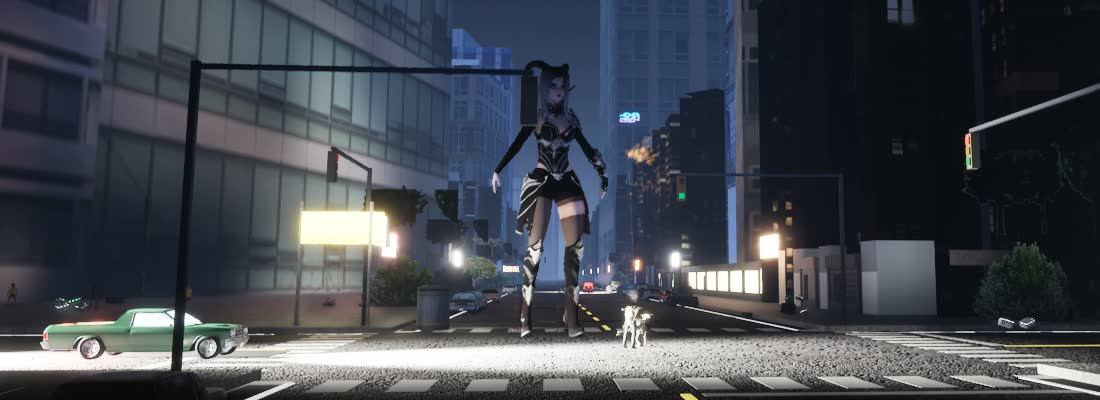 The Podium Queen, a horned demon in black and silver armor taller than the storefronts, crossing a Hong Kong junction at night