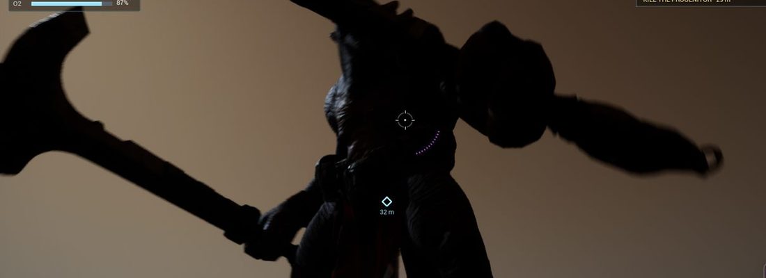 The Progenitor as a black silhouette with a two-headed axe against the dust-orange sky of Mars