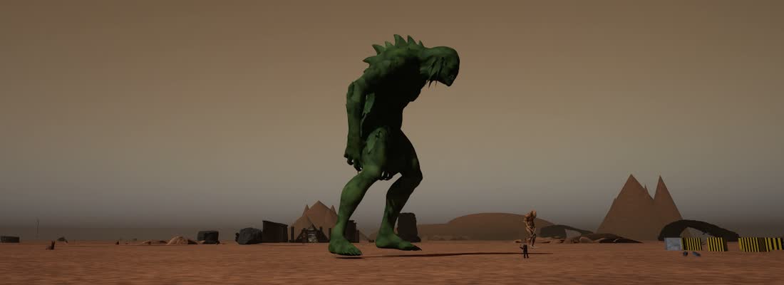 The Progenitor, a hunched green spined monster, striding across the red plain of Mars under a dust-orange sky, the operative tiny at its feet