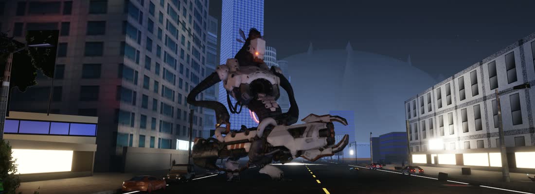 The House, a white and black security machine with long claw arms and a red eye, rearing over a Las Vegas boulevard at night