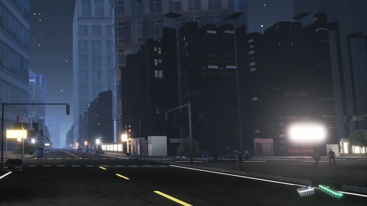A Hong Kong junction at night: dark towers under the stars, lit signs and shopfronts along the crossing, a few people on the far sidewalk and glowing pickups in the road