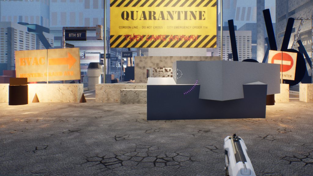 A yellow QUARANTINE banner over concrete barriers on 8th Street in Los Angeles, an EVAC arrow pointing to Grand Avenue, the operative's sidearm at the bottom of frame