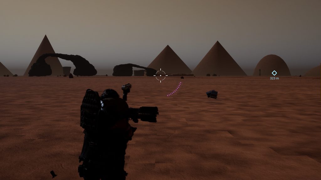 Red Martian regolith under a dusty orange sky, basalt spires and a rock arch on the horizon, the operative walking out from the lander