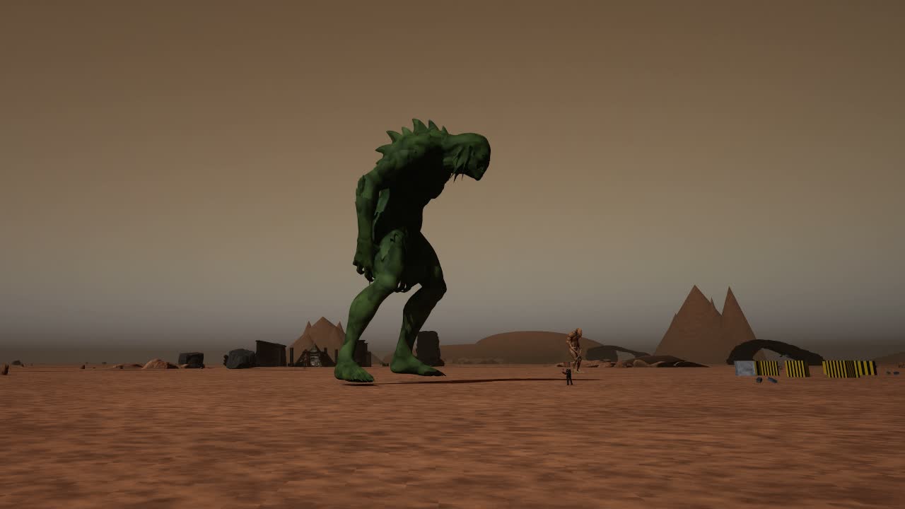 The red plain of Mars under a dust-orange sky: the Progenitor, a hunched green colossus with a spined back, striding past pyramid-shaped hills toward the tiny operative