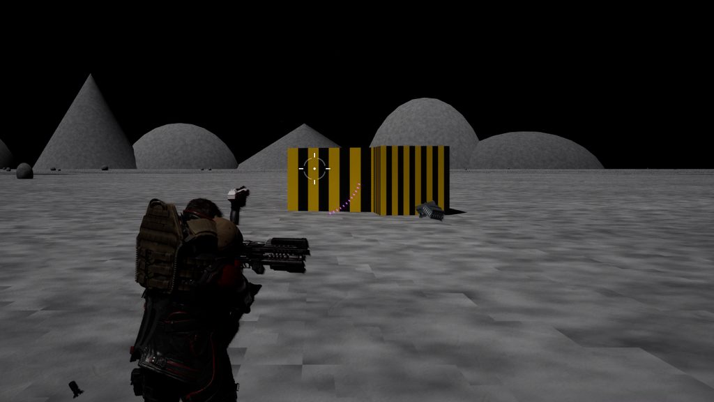 Gray regolith under a black sky on the Moon, habitat domes and a hazard-striped airlock block ahead of the operative