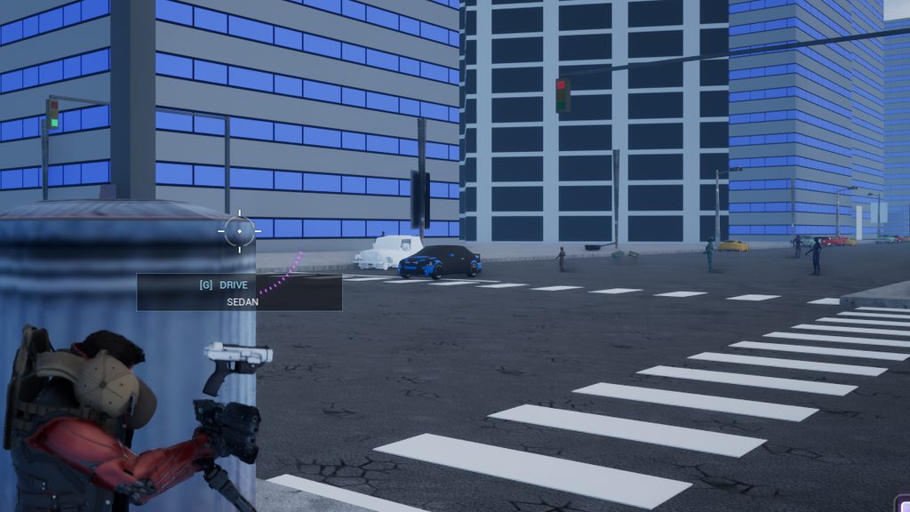 The operative on a New York crosswalk with the in-game DRIVE prompt over a parked sedan, crosshair centered, blue glass towers behind