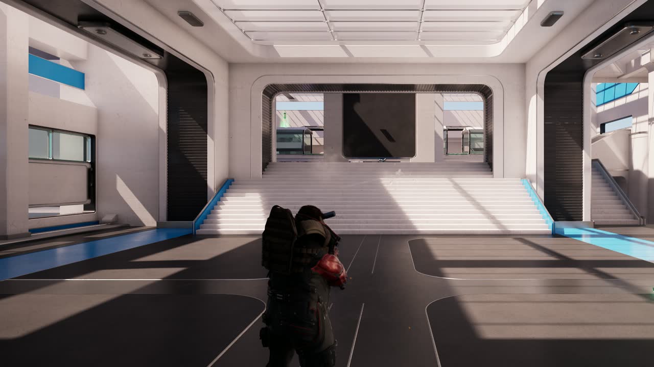 The white station concourse, a wide stair rising to a dark bulkhead door, the operative in black and red armor aiming up the hall