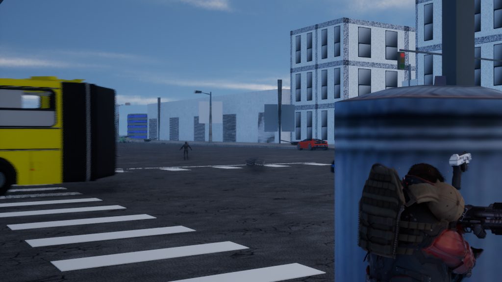 The operative behind cover at a Las Vegas crossing, rifle up, a yellow bus at the curb and a red car down the boulevard