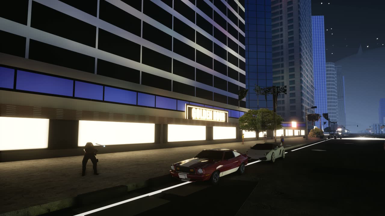 Night on a Las Vegas street: the lit GOLDEN HOUR marquee over glowing storefronts, a red muscle car and a white sports car stopped at the curb, the operative on the sidewalk
