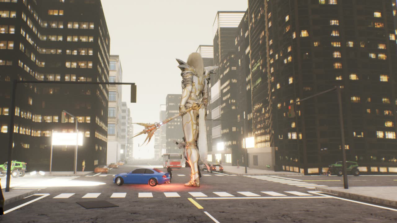 The Archon of the Seine, a towering white and gold armored figure with a long bladed staff, standing over a Paris crossing at dusk, a blue car at its feet
