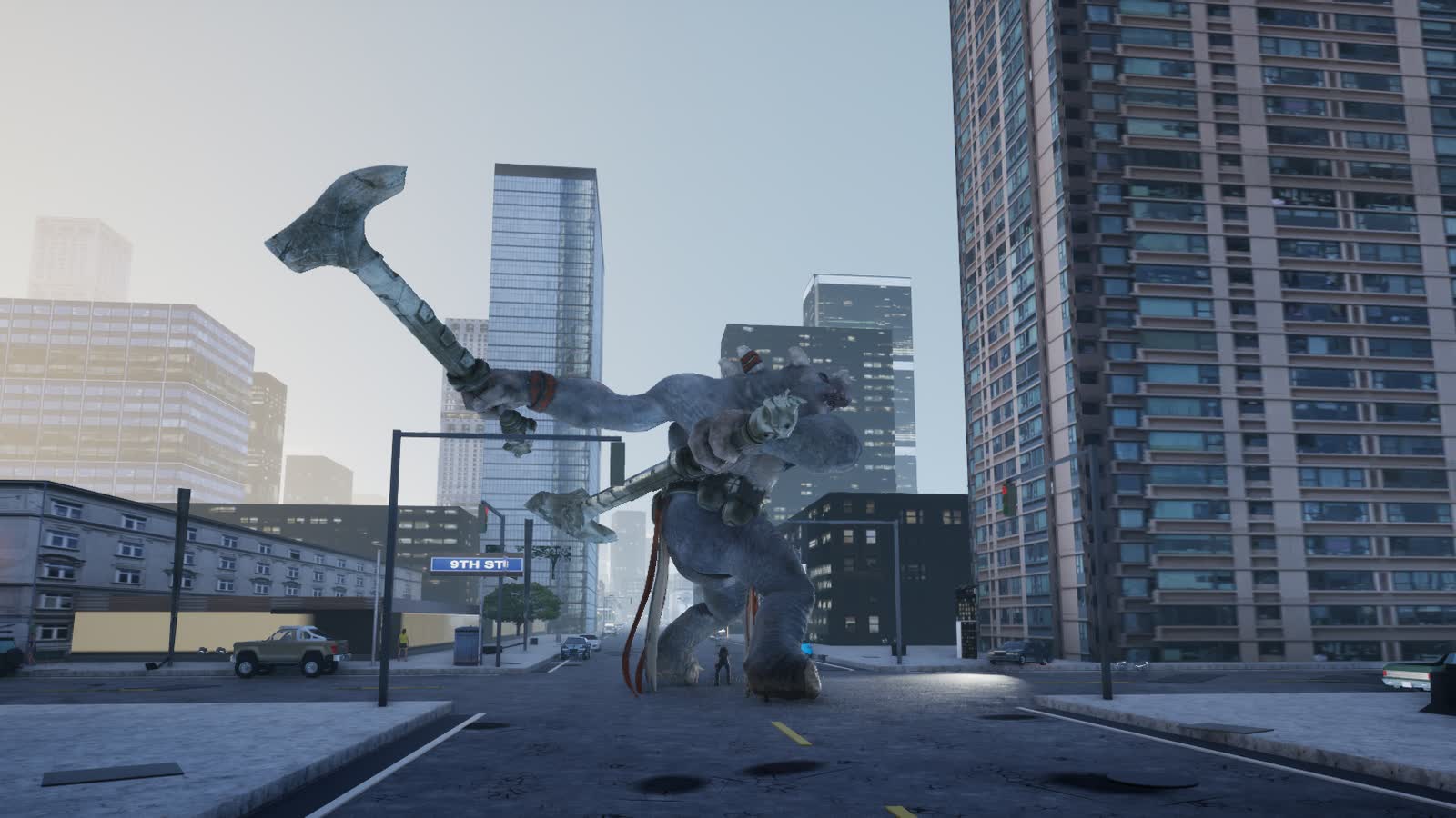 The Hive Mother, a hulking gray colossus with two axes raised, striding through a Los Angeles intersection by the 9th St sign, the operative small between its feet