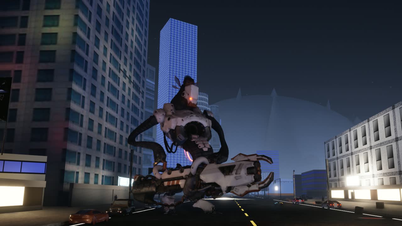 The House, a white and black security machine with long claw arms and a red eye, rearing over a Las Vegas boulevard at night