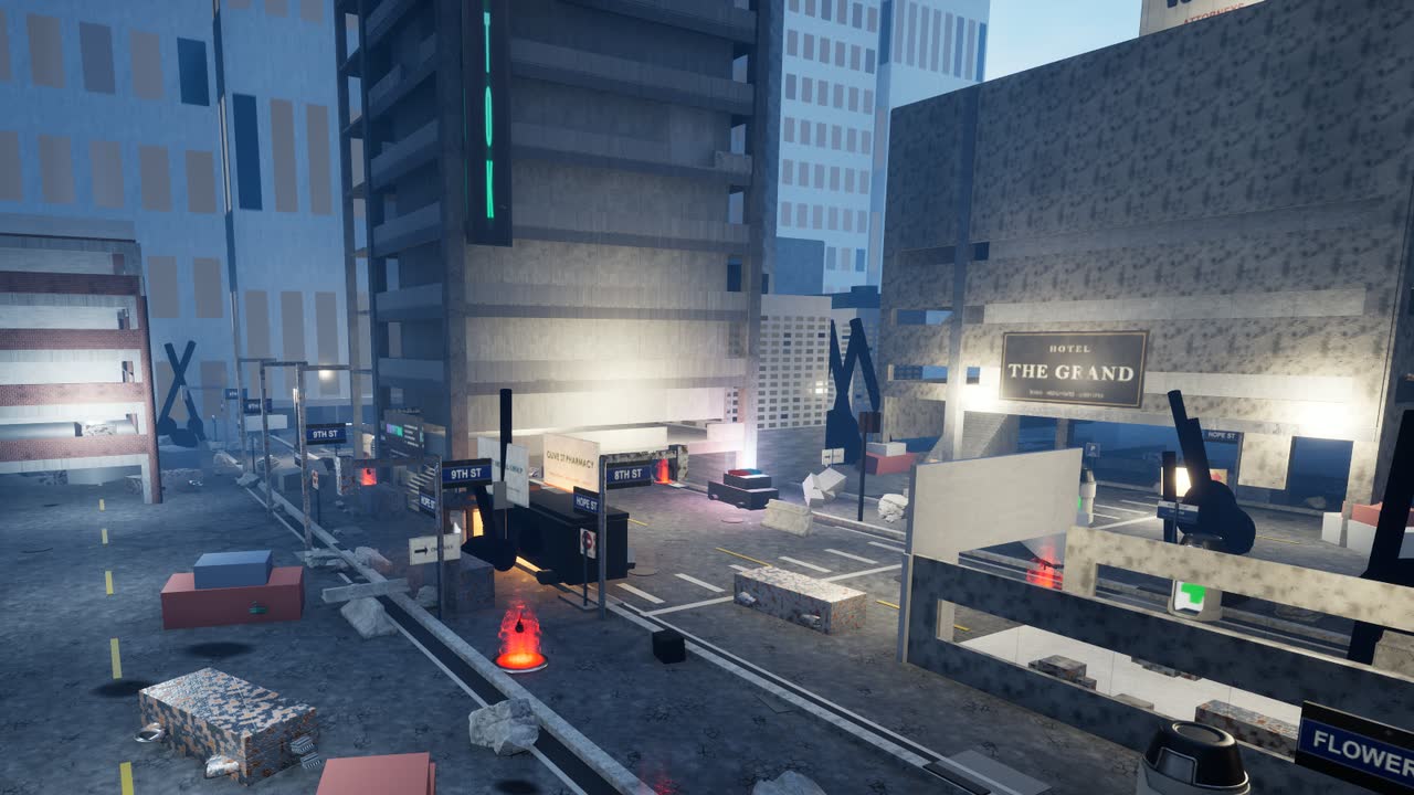 The Downtown Boulevard arena from above: a debris-strewn street under the Hotel The Grand sign, weapon pickups glowing on the road