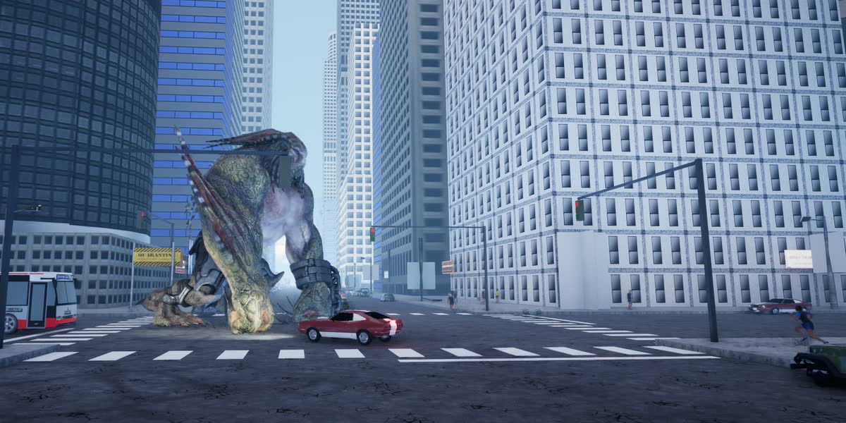Gridlock, a hunched mutant colossus, crouched at a New York crosswalk between the towers, a red muscle car passing in front