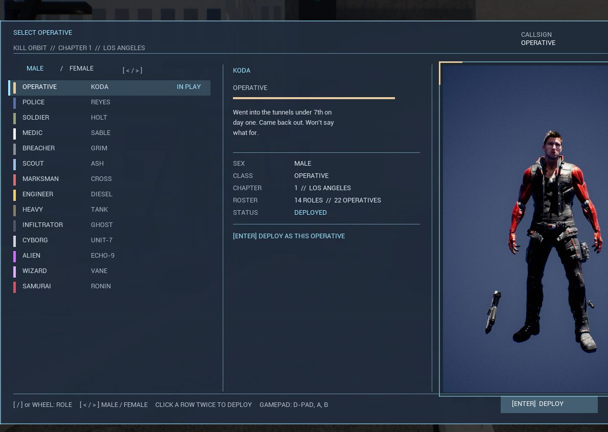 The in-game operative selector: fourteen role rows with callsigns on the left, Koda's file in the middle, and a live turntable portrait on the right