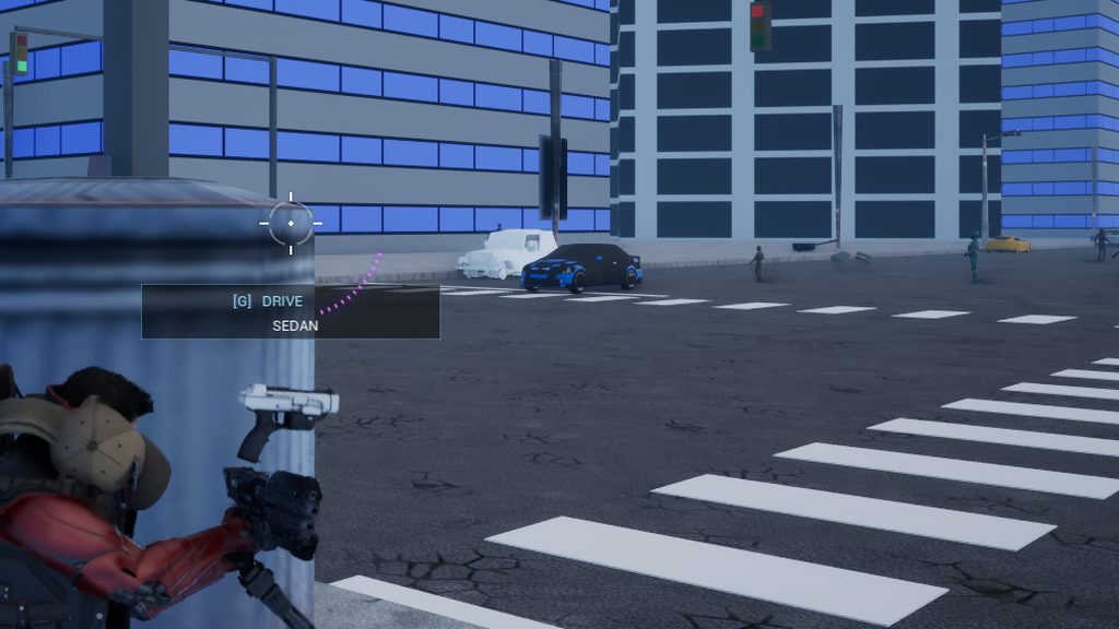A New York crosswalk with the in-game DRIVE prompt over a parked sedan, blue glass towers behind and traffic on the avenue