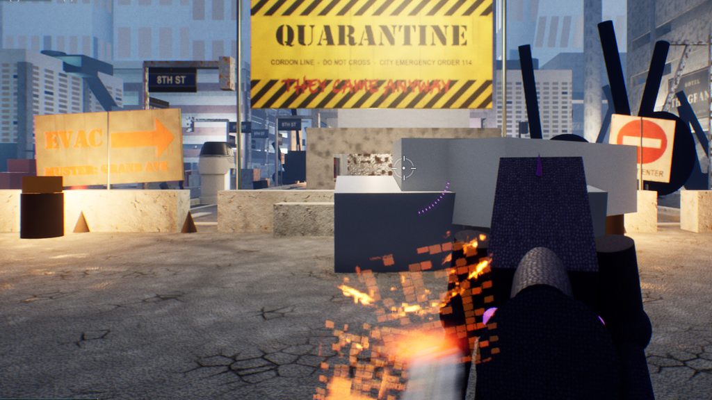 Muzzle flash and sparks at point-blank range against a dark creature body at the quarantine line