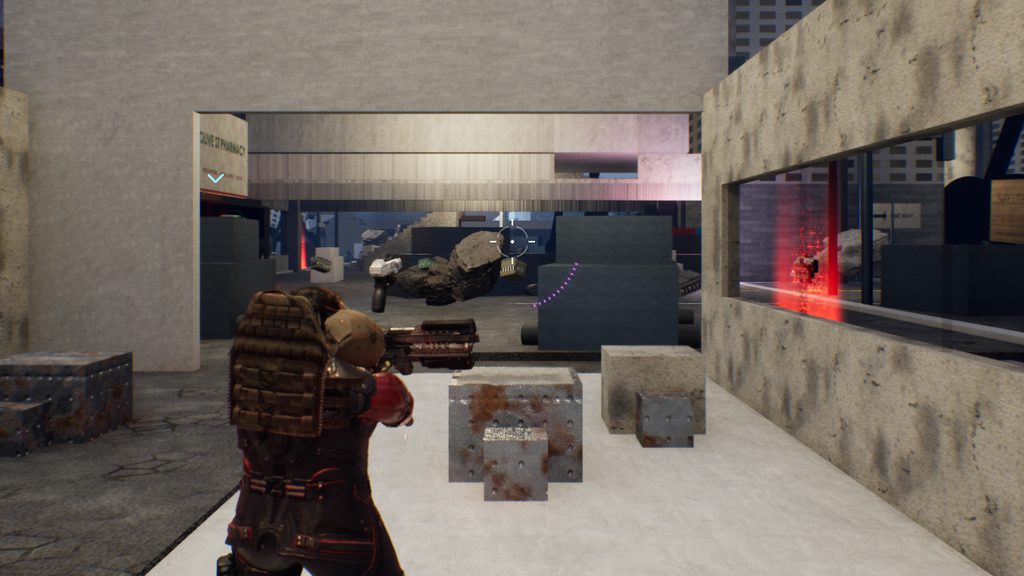 Third-person view of the operative aiming a rifle through a concrete checkpoint arch, rusted crates and a lit storefront ahead