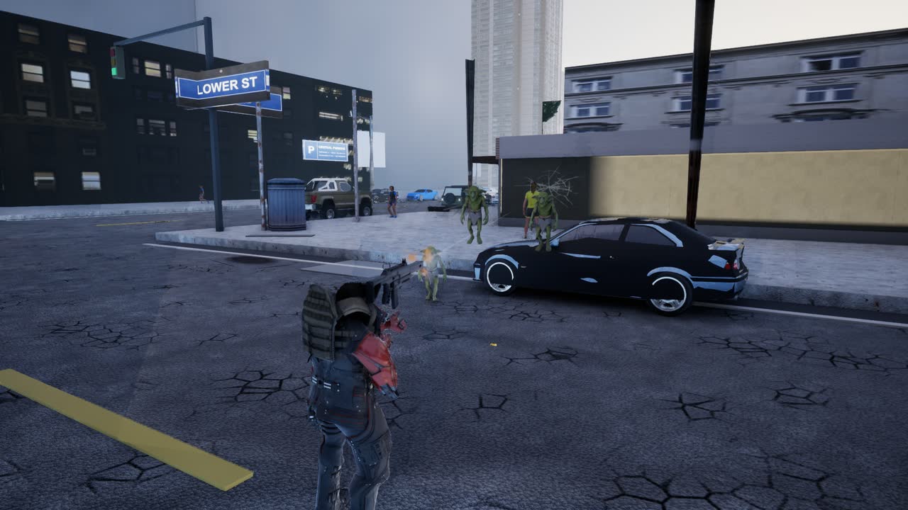 The operative in third person firing a rifle at three green creatures beside a parked car on a Los Angeles corner, the Lower St sign overhead