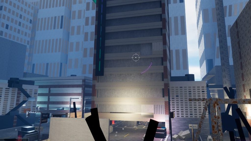 Looking up a downtown Los Angeles street at the dark slab of the CrypTok Tower between glass high-rises