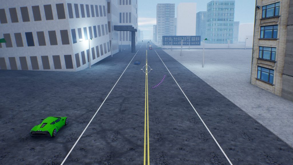 A painted two-way avenue in downtown Los Angeles with a green sports car in the near lane, more cars ahead and towers on the horizon